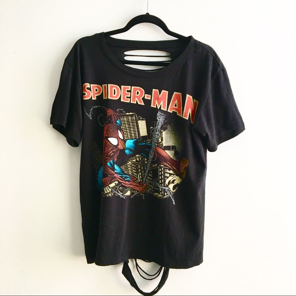 Authentic SpiderMan shirt with “webbed” back.